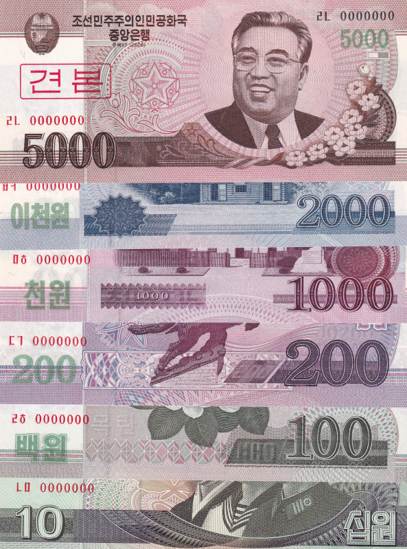 North Korea, 10-100-200-1.000-2.000-5.000 Won, 2002/2008, UNC, SPECIMEN
UNC
(T...