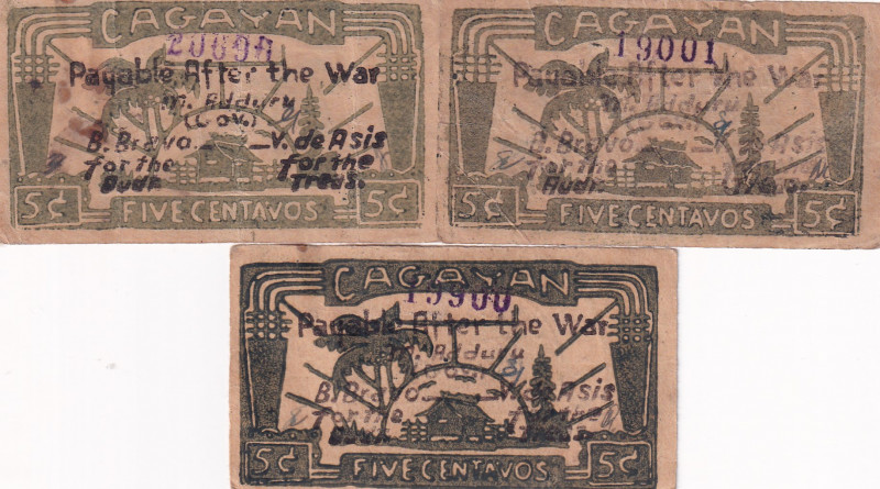 Philippines, 5 Centavos, 1942, XF, pS178, (Total 3 banknotes)
XF
Cagayan, Stai...