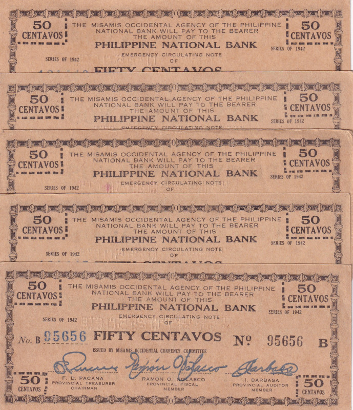 Philippines, 50 Centavos, 1942, pS576, (Total 5 banknotes)
In different conditi...