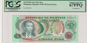 Philippines, 5 Piso, 1970s, XF, p153a
XF
PCGS 67 PPQ, High Condition
Estimate: $25-50