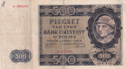 Poland, 500 Zlotych, 1940, VF, p98
VF
WWII, German Occupation, There is an opening in the middle.
Estimate: $40-80