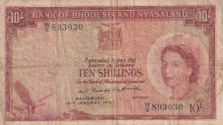Rhodesia & Nyasaland, 10 Shillings, 1957, FINE, p20a
FINE
there are pinholes, spots and openings , Queen Elizabeth II. Potrait
Estimate: $125-250