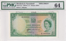 Rhodesia & Nyasaland, 1 Pound, 1961, UNC, p21s, SPECIMEN
UNC
PMG 64, Queen Elizabeth II. Potrait
Estimate: $1.500-3.000