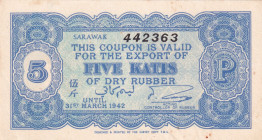 Sarawak, 5 Katis, 1942, UNC, 
UNC
Rubber Export Coupon, There are rust stains
Estimate: $150-300