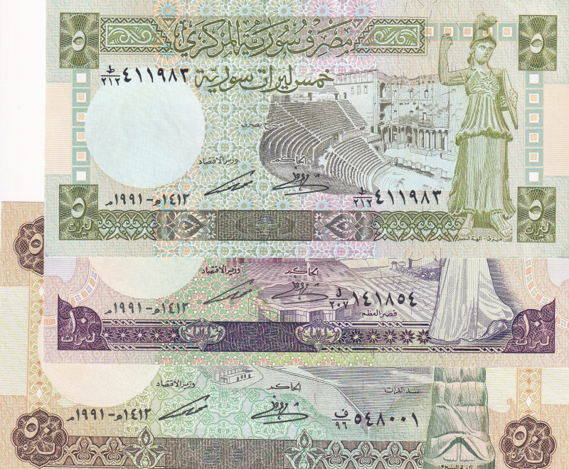 Syria, 5-10-50 Pounds, 1991, p100; p101; p103, (Total 3 banknotes)
5-10 Pounds,...