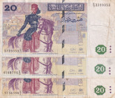 Tunisia, 20 Dinars, 1992, VF, p88, (Total 3 banknotes)
VF
Stains and one has a punch hole 
Estimate: $25-50