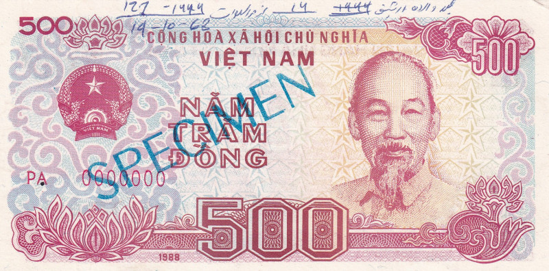 Viet Nam, 500 Dông, 1988, UNC, p101s, SPECIMEN
UNC
Has a ballpoint pen, There ...