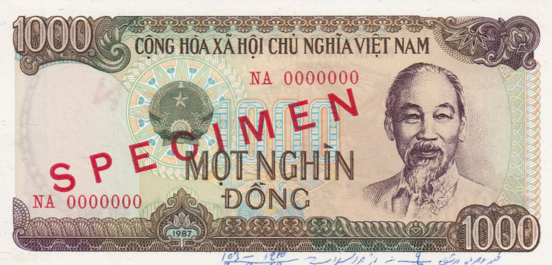 Viet Nam, 1.000 Dông, 1987, AUNC(+), p102s, SPECIMEN
AUNC(+)
Has a ballpoint p...