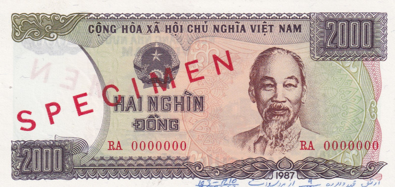 Viet Nam, 2.000 Dông, 1987, UNC, p103s, SPECIMEN
UNC
It has pinhole and ballpo...