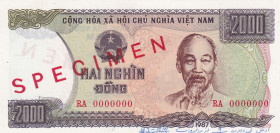 Viet Nam, 2.000 Dông, 1987, UNC, p103s, SPECIMEN
UNC
It has pinhole and ballpoint pen writing 
Estimate: $100-200