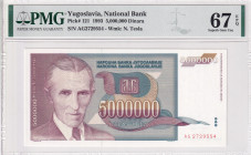 Yugoslavia, 5.000.000 Dinara, 1993, UNC, p121
UNC
PMG 67 EPQ, High condition 
Estimate: $25-50