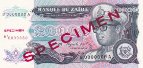 Zaire, 20.000 Zaires, 1991, UNC, p39s, SPECIMEN
UNC
Estimate: $20-40