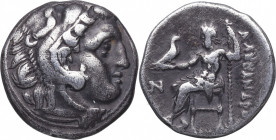 310-301 a.C.. Alejandro Magno (336-323 aC). Macedonia. Dracma. Ag. 4,12 g. Cabeza de Alejandro como el joven Hércules a la derecha con un tocado de pi...