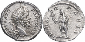 200-201 d.C.. Septimio Severo. Roma. Denario. RIC IV.I 160. Ag. 2,73 g. SEVERVS AVG-PART MAX, cabeza laureada de Septimius Severus derecha /FVNDATO-R-...