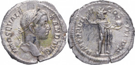 230 dC. Marco Aurelio Severo Alejandro (222-235 dC). Roma. Denario . RIC IV Severus Alexander 102a. Ag. 2,26 g. IMP SEV ALE – XAND AVG: Busto de Sever...