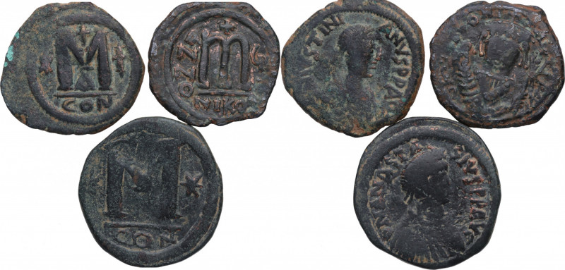 419 a 602 d.C. Justiniano I,Mauricio Tiberio,Justiciano. Follis (Lote 3 monedas)...