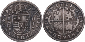1721. Felipe V (1700-1746). Segovia. 2 Reales. Ag. 5,11 g. F. (Cal 2008-1401). (Cal 2019-954). Ceca y ensayador grande. MBC. Est.120.