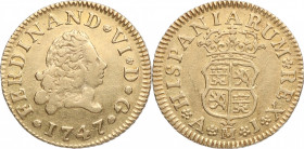 1747. Fernando VI (1746-1759). Madrid. 1/2 Escudo. AJ. A&C 548. Au. 1,77 g. Bella. Brillo original. EBC. Est.300.