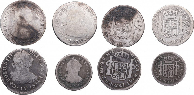 1784; 1785, 1807 y 1808. Carlos III (1759-1788) y Carlos IV. Lima. (Lote de 4 mo...
