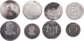 1784; 1785, 1807 y 1808. Carlos III (1759-1788) y Carlos IV. Lima. (Lote de 4 monedas) 1 Real y 3 monedas de 2 Reales . Ag. BC a MBC. Est.80.