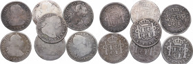 1774, 1778, 1781, 1782, 1784, 1785, 1789. Carlos III (1759-1788). Lima. (Lote de 7 monedas) 2 Reales. Ag. BC a MBC-. Est.200.
