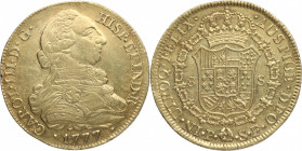 1777. Carlos III (1759-1788). Popayán. 8 Escudos. SF. A&C 2045. Au. 27,07 g. Insignificantes rayitas. EBC+. Est.1800.