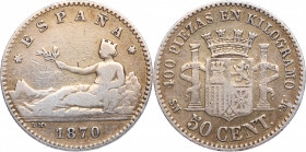 1870. I República (1868-1871, 1873-1874). Madrid. 50 céntimos. Ag. 2,43 g. Estrellas apenas visibles. MBC. Est.50.