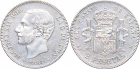 1884*84. Alfonso XII (1874-1885). Madrid. 2 pesetas. A&C 34. Ag. 10,03 g. EBC. Est.200.