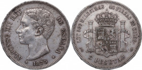 1875*75. Alfonso XII (1874-1885). Madrid. 5 pesetas. DEM. Ag. 24,89 g. MBC. Est.30.