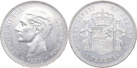 1877. Alfonso XII (1874-1885). 5 Pesetas . DEM. Ag. 25,23 g. Brillo Original. Escasa así. SC-. Est.350.