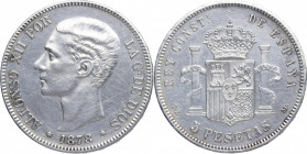 1878*78. Alfonso XII (1874-1885). Madrid. 5 pesetas. A&C 40. Ag. 24,97 g. Rayitas. Segunda estrella floja. EBC- / EBC. Est.160.
