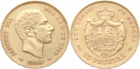 1884*84. Alfonso XII (1874-1885). Madrid. 25 pesetas. A&C 88. Au. 8,04 g. ESCASA. EBC. Est.500.