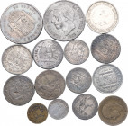 Lote 15 monedas FALSAS de ÉPOCA. 50 Céntimos (2), 1 (3), 2 (7), 5 (2) y 50 Pesetas. 1869 a 1957. I REPÚBLICA, ALFONSO XII, XIII y ESTADO ESPAÑOL. Meta...