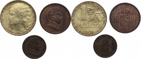1904 a 1937. Alfonso XIII (1886-1931). Lote de 3 monedas: 1 y 2 céntimos, y 1 peseta. Cu-Ln. EBC, EBC+ y EBC. Est.15.