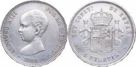 1889*89. Alfonso XIII (1886-1931). Madrid. 5 pesetas. MPM. Ag. 24,97 g. Limpieza, pero no abrasiva. (EBC). Est.50.
