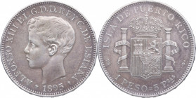 1895. Alfonso XIII (1886-1931). 1 Peso=5 Pesetas. PGV. Ag. 25,04 g. EBC. Est.950.