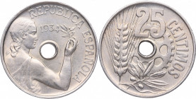 1934. II República (1931-1939). Madrid. 25 céntimos. Ni. 6,99 g. Muy bella. SC. Est.40.