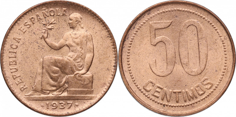 1937. II República (1931-1939). 50 Céntimos. Cu. 6,21 g. Buena acuñación. SC. Es...