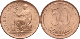 1937. II República (1931-1939). 50 Céntimos. Cu. 6,21 g. Buena acuñación. SC. Est.20.
