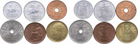 1937(3), 1941,53,38. Estado Español (1936-1975). Lote 6 Monedas: (25, 50 céntimos,1 peseta), (5 céntimo) (10 céntimo) (25 céntimo). Ae, CuNi, Latón. M...