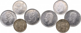 1980 a 86. Juan Carlos I (1975-2014). 100,50 y 25 Pesetas (12 monedas). 100 Pesetas (1986), 50 Pesetas (1980 y 81), 25 Pesetas. SC. Est.25.