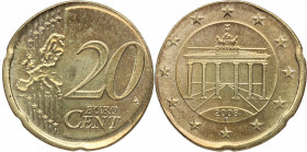 2008. Alemania. 20 céntimos de €. A&C 258. Cu-Al. 4,09 g. Error 20 céntimos acuñada en cospel de 10 céntimos. SC. Est.350.