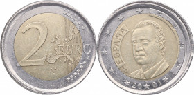 2001. Juan Carlos I (1975-2014). 2 Euros. ERROR: Acuñacion desplazada, núcleo irregular. SC-. Est.65.