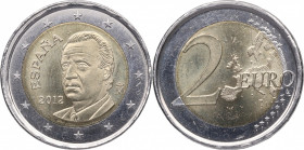 2012. Juan Carlos I (1975-2014). 2 euros. 2,31 g. Error : Acuñación deplazada, canto corona y núcleo irregular. SC. Est.40.