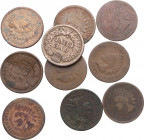 1873 a 1906. Estados Unidos. Lote 10 monedas 1 Centavo Tipo Indian Head. Incluye 1860 pointed bust, 1874, 75 y 78. Ae.  Br. . Todas diferentes. BC- a ...