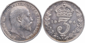 1904. Gran Bretaña. 3 Pence. KM#797.1. Ag. Edward VII . Procedente de set Maundy Raya en anverso. EBC+. Est.100.