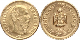 1865. México. Maximiliano I. 1 peso. Au. 0,50 g. Brillo original. Moneda de fantasía. EBC+. Est.80.