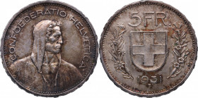 1931. Suiza. 5 francos. Ag. 15,01 g Bella. Brillo original. EBC+. Est.30.