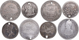 1852, 1854, 1855 y 1863. Venezuela. Lote de 4 medallas de proclamación . 1 y 2 soles y 1/4 peso. Burnett 51a1, 68, 72c, 87a.. Ag. Todas con agujero. ....