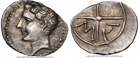 GAUL. Massalia. Ca. 1st century BC. AR obol (11mm, 11h). NGC AU. Ca. 100-50 BC. Bare head of Apollo left; dotted border / MA, legend within two spokes...